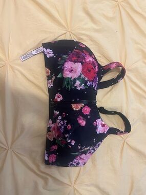 Victoria's Secret Black Sports Bra with Pink Floral Print Sz 38DD